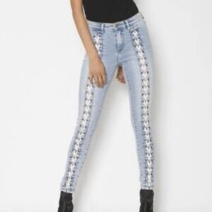 NEON BLONDE Lace Up Skinny Jeans Light Wash Mid Rise Denim Pants Sz 27